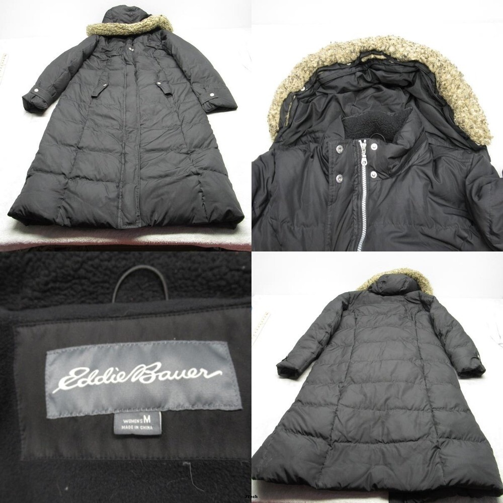 Eddie Bauer Down Jacket Womens Medium Black Faux Fur Hooded Trim Long Puffer